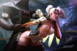  arm_grab arms_held_back blush breasts clothed clothing doggy_position from_behind hetero male/female mercy_(overwatch) nipples open_mouth overwatch reaper_(overwatch) sex standing tarakanovich white_hair wrist_grab 