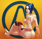 ass blue_eyes blue_hair borderlands borderlands_2 breasts green_eyes looking_back maya_(borderlands) nipples nude single_breast single_nipple sitting tattoo toes video_games weapon