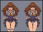  1_girl akabur black_border border breasts brown_eyes brown_hair brunette curly_hair female hair harry_potter hermione_granger light_skin looking_at_viewer no_pubic_hair panties panties_down pout presenting schoolgirl schoolgirl_uniform skirt skirt_lift tie vest witch_trainer 