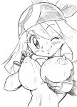 bandanna big_breasts blush breasts draw erect_nipples haruka_(pokemon) looking_at_viewer may_(pokemon) monochrome nude pokemon pokepornlive smile wink