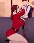 1_boy 1_girl 1boy 1girl adult age_difference big_breasts clothed female fully_clothed high_heels indoors male materclaws mature_female milf_vs_boy non-nude older_female red_dress safe younger_male