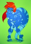 2015 anthro areola argento ass bent_over big_ass blue_lips blue_nipples blue_skin breasts claws female green_eyes hair hindpaw lips lizard long_hair looking_at_viewer nipples nude paws red_hair reptile scalie smile solo stripes thick_thighs wide_hips