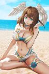  1girl alluring angel_wings big_breasts bikini blue_eyes breasts brown_hair cleavage eunie_(xenoblade) hybridmink legs looking_at_viewer navel nintendo sarong short_hair sitting smile swimsuit thighs thong_bikini wings xenoblade_(series) xenoblade_chronicles_3 