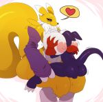 ass backsack big_breasts blue_eyes breast_grab breast_smother breasts clothing digimon duo female gloves heart huge_breasts impmon male plain_background renamon sitting size_difference smothering sssonic2 straddling testicles white_background