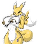  bedroom_eyes big_breasts black_sclera blue_eyes breasts canine digimon female fox furry half-closed_eyes holding_breasts mammal nipples renamon shinysteel smile tufts voluptuous wide_hips 