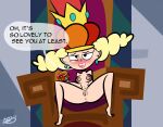  1girl 1girl atomickingboo blonde_hair crown disney disney_xd drunk earrings english_text nipples nude pubic_hair queen_delightful the_7d throne wine 