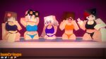 1girl 5girls ass bikini bikini_bottom bikini_top black_eyes black_hair blue_eyes blush brown_hair brunette female_only glasses hands_behind_head hot_tub iamcringe in_water irene_cream jenny_belle looking_at_viewer mine-imator minecraft multiple_girls purple_eyes sitting standing v water white_hair