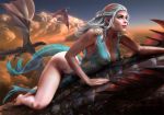 1girl bare_arms barefoot breasts daenerys_targaryen dragon dress drogon female female_human game_of_thrones human long_hair no_bra outdoor outside panties partially_clothed see-through see-through_clothes see-through_dress sleeveless sleeveless_dress white_hair