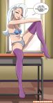 1girl bra english_text equestria_girls female female_only friendship_is_magic indoors long_hair looking_at_viewer mostly_nude my_little_pony on_table panties rambon7 sitting sitting_on_table solo speech_bubble stockings table trixie trixie_(mlp) underwear