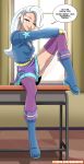 1girl boots clothed english_text equestria_girls female female_only friendship_is_magic indoors long_hair looking_at_viewer my_little_pony on_table rambon7 sitting sitting_on_table skirt solo speech_bubble stockings table trixie trixie_(mlp)