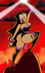 ass black_hair blue_eyes boot cosplay danny_phantom dark_skin gloves grimphantom knife lipstick long_hair looking_up paulina solo weapon