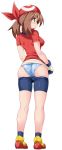 1girl ass bandanna bike_shorts bike_shorts_pull blue_eyes blue_panties blush breasts brown_hair endou_masatoshi erect_nipples flashing from_behind full_body gloves haruka_(pokemon) hat heart_panties heart_print highres looking_back may panties pokemon pokemon_(game) pokemon_rse print_panties sexy_ass shoes shorts sneakers solo spandex standing two_side_up underwear