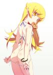 1girl ass bangle bare_shoulders bikini bikini_pull blonde_hair blush_stickers body_blush bracelet cowboy_shot doughnut food food_in_mouth from_behind gradient gradient_background high_res jewelry long_hair looking_back monogatari_(series) mouth_hold oshino_shinobu pon_de_ring side-tie_bikini simple_background small_breasts solo string_bikini swimsuit tanabe_kyou white_bikini white_swimsuit yellow_eyes