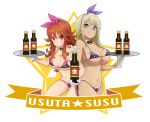  2girls alcohol alessandra_susu babe back-to-back bangs beer big_breasts bikini bikini_bottom bikini_top black_bikini blonde_hair blue_eyes blush bottle bow bowtie breasts brown_hair character_name cleavage detached_collar female gloves hair hair_ribbon holding large_breasts long_hair looking_at_viewer midriff multiple_girls nash_(na-si) navel red_eyes ribbon side-tie_bikini simple_background smile star strap_gap swimsuit tokyo_7th_sisters tray usuta_sumire wavy_hair white_background white_gloves 