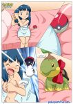 bbmbbf blue_eyes blue_hair blush breasts comic creatures_(company) dawn_(pokemon) game_freak hat hikari_(pokemon) humans_of_pokemon nintendo palcomix pokemon pokemon_(anime) pokemon_(game) pokemon_black_and_white pokemon_bw pokemon_dppt pokepornlive rocket_motel turtwig