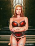 1girl blonde blonde_hair breasts cersei_lannister corset female female_human female_only game_of_thrones human long_blonde_hair long_hair looking_at_viewer midarteli mostly_nude panties solo standing underwear