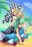 1girl bare_arms barefoot blonde blonde_hair blue_eyes bracelets checkered_flag clothed earrings female female_human female_only flag human long_blonde_hair long_hair looking_at_viewer mario_kart mario_kart* outdoor outside princess_rosalina rosalina royalty sleeveless solo star_earrings super_mario_bros. supersatanson vehicle