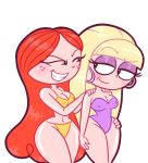  2_girls bikini blonde_hair breasts cleavage crossover disney female female_only freckles gravity_falls hair multiple_girls orange_hair pacifica_northwest powerpuff_girls princess_morbucks princesscallyie shiny shiny_skin smile string_bikini swimsuit white_background 