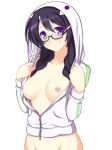 1girl bad_id bakemonogatari black_hair braid breasts glasses hair hanekawa_tsubasa highres hoodie long_hair looking_at_viewer monogatari_(series) nagamon naked_coat nekomonogatari nipples open_clothes open_jacket purple_eyes smile solo twin_braids