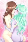  2girls aqua_hair arm arms art ass audichan babe back bare_back bare_legs bare_shoulders between_legs blush breast_press breasts brown_hair closed_eyes dark_elf elf facial_mark female flower french_kiss green_hair hair hair_over_one_eye hand_on_hip hips hug hugging kiss kissing legs long_hair love multiple_girls mutual_yuri nude pink pink_background pointy_ears purple_skin shiny shiny_hair sideboob sitting sweat sweating symmetrical_docking tattoo tongue yuri 