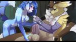  1girl anthro blue_body blue_fur blue_hair blue_nipples blush brown_body brown_fur canid canine clothing crown digimon digimon_(species) fox fur furry genitals gif gloves hair handjob handwear jewelry krystal male male/female mammal markings nintendo nipples penile penis penis_grab pink_nipples problematicpossum purple_markings renamon sex sharp_teeth short_playtime star_fox tattoo teeth video_games white_markings 