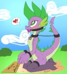 ! 1girl ball_gag bdsm blush bondage bound cloud collar dragon english_text fangs friendship_is_magic gag half-closed_eyes heart hellticket kneel legwear male my_little_pony nude open_mouth outside saliva scales scalie sky spike_(mlp) stockings teeth text tongue tongue_out