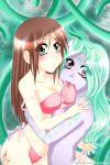  2girls :3 aqua_hair arm arms art audichan babe bare_shoulders biting blush bra bra_pull breasts brown_hair cleavage dark_elf elf_(species) facial_mark female green_eyes green_hair hair hug hugging lingerie long_hair looking_at_viewer multiple_girls nipples original panties pink_eyes pointy_ears purple_skin red_bra red_eyes red_panties shiny shiny_hair side-tie_panties strap_slip tattoo tentacle topless underwear yuri 