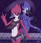  1boy 1girl anthro avian bird blue_eyes blue_jay bra cartoon_network clothing denim_shorts fence furry green_eyes male male/female margaret margaret_smith_(regular_show) mordecai_(regular_show) nyne panties red-breasted_robin regular_show robin_(bird) shorts underwear 