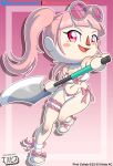  animal_crossing axe bikini collaboration crossover digital_media_(artwork) fanart fire_emblem glasses hilda_valentine_goneril jackintaro looking_at_viewer nintendo open_mouth pink_eyes pink_hair ribbon ribbons simple_shading smile twin_tails villager_(animal_crossing) 