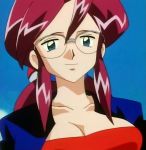 1girl anime big_breasts blue_eyes breasts cleavage collarbone elite_four female glasses jacket kanna_(pokemon) large_breasts long_hair lorelei neck nintendo pokemon pokemon_(anime) ponytail purple_hair screencap shiny shiny_hair sky smile solo stitched strapless upper_body