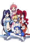  4girls ahoge angelise_ikaruga_misurugi blonde_hair blue_hair breasts candy cheek_pinching cleavage cross_ange hand_on_another&#039;s_head hand_on_another's_head hand_on_head high_res highres hilda_(cross_ange) lollipop long_hair multiple_girls onaya_masakazu pinching purple_eyes red_eyes red_hair salia_(cross_ange) short_hair sunrise_(company) twin_tails twintails vivian_(cross_ange) yellow_eyes yuri 