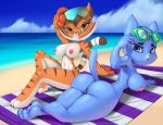  1girl 2015 amber_eyes anthro ass beach blanket blue_eyes blue_fur breasts cat eyewear feline fur furry kung_fu_panda mammal master_tigress nicole_watterson nipples nude pussy sea seaside stripes sunglasses the_amazing_world_of_gumball thefuckingdevil tiger water 