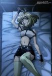 1_girl 1girl absurd_res absurdres ahoge angelise_ikaruga_misurugi antenna_hair arm_up bangs bare_shoulders bed belt black_gloves crop_top cross_ange dark female fingerless_gloves from_above gloves green_legwear halterneck high_res highres indoors jewelry looking_at_viewer lying megami midriff miniskirt navel official_art on_back parted_lips pillow purple_eyes ring sano_takayuki scan short_hair silver_hair skirt slender_waist solo stockings sunrise_(company) suspenders thighhighs turtleneck zettai_ryouiki