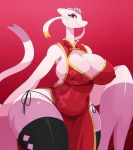 1girl anthro black_legwear black_nose breasts china_dress chinese_clothes cleavage cleavage_cutout clothed clothing dress erect_nipples eric_lowery female female_only flower furry gradient gradient_background huge_ass huge_breasts legwear looking_at_viewer mammal mienshao nintendo nipples plain_background plant pokemon red_eyes smile sssonic2 string_panties thick_thighs thighhighs tight video_games wide_hips