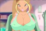 1girl big_breasts blonde_hair breasts brown_hair clothed crying dark-skinned_female dark_green_eyes dk fairy_of_nature female female_only flora_(winx_club) hair_streak indoors long_hair nipple_outline riffsandskulls solo tanned_skin tears winx_club