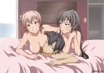 1boy 2_girls 2girls bed charka hikigaya_hachiman male multiple_girls nipples nude yahari_ore_no_seishun_lovecome_wa_machigatteiru. yuigahama_yui yukinoshita_yukino