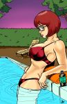  1girl ass big_breasts bikini blue_eyes breasts brown_hair female female_only freckles glasses jac400 lips lipstick looking_at_viewer navel scooby-doo short_hair solo velma_dinkley 