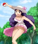 1girl clothed dress dress_lift female female_human female_only flashing hat lady_(pokemon) long_hair looking_at_viewer misaeldm no_panties no_panties_under_dress npc_trainer open_mouth outdoor outside pokeball pokemon pussy solo standing