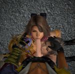  1boy 3d 3girls blonde blonde_hair brown_hair fellatio female_focus final_fantasy final_fantasy_x final_fantasy_x-2 grey_hair hair hand_on_head head_hold kneel licking looking_at_viewer male oral paine pov rikku sucking tidus yuna 