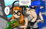  2girls ass bent_over blue_eyes blue_hair funny gun hair headphone inkling long_hair multiple_girls nintendo orange_eyes orange_hair paint paintball_gun panties panties_pull panties_pulling pants_down pointy_ears printed_panties shiny shiny_skin smile splatoon squid surprise twin_tails weapon 