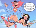 big_ass black_hair blue_eyes blush blushing bondage boots cape dc_comics headdress heels justice_league larry_malone panties_around_legs pouting red_ass spank spanked spanking superman wonder_woman