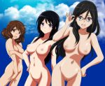 3_girls 3girls adjusting_glasses big_breasts black_hair blue_eyes blush breasts brown_eyes brown_hair cleavage embarrassed friends gentoku glasses hand_on_hip hibike!_euphonium high_res kousaka_reina long_hair looking_at_viewer multiple_girls navel nipples nude open_mouth oumae_kumiko over-rim_glasses purple_eyes pussy red-framed_glasses semi-rimless_glasses serious short_hair shy smile tanaka_asuka uncensored