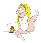  1girl ass bed black_eyes blonde_hair blush bottomless ed,_edd,_&#039;n&#039;_eddy erect_nipples long_hair may_kanker purple_hair pussy shiny shiny_skin smile teddy_bear timoteihiv toy wide_hips 