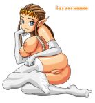 alluring anus areolae ass big_breasts blue_eyes braids breasts brown_hair crown elbow_gloves feet gloves hair_braids legs looking_at_viewer nipples pointed_ears pointy_ears princess_zelda pussy sakurakasugano smile stockings the_legend_of_zelda thigh_highs twilight_princess vagina