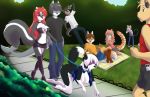 1girl all_fours anthro blindfold canine collar darkduck64 dog flux furry group janice leash mammal miniskirt nipples nude original park pet public public_nudity ruby_(shockblast) slave spazzykoneko walkies walking