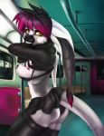 1girl anthro ass black_hair black_lips black_nipples black_nose bra breasts clothing exhibitionism furry ghouly hair herraardy hybrid leggings legwear lemur mammal metro nipple_piercing nipples panties piercing primate public sideboob skirt subway train underwear undressing