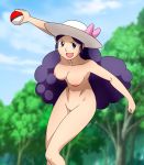 1girl breasts female female_human female_only hat lady_(pokemon) long_hair looking_at_viewer misaeldm npc_trainer nude open_mouth outdoor outside pokeball pokemon pussy solo standing