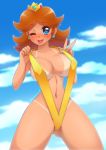  1girl beach blue_eyes blush breasts brown_hair hair looking_at_viewer nintendo one_eye_closed pastelletta_(artist) princess_daisy sling_bikini super_mario_bros. tan_line thick_thighs tongue tongue_out v wink 