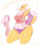 1girl blue_eyes breasts chubby clothed clothing digimon human male mammal navel plain_background pose renamon skimpy sunibee sweat thick_thighs voluptuous