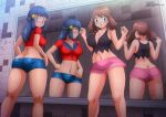 2_girls 2girls alluring alternate_costume ass_cleavage ass_peeking_out_of_shorts big_breasts blue_eyes blue_hair blue_shorts breasts brown_hair butt_crack cleavage dawn dawn_(pokemon) dawn_(pokemon)_(cosplay) may may_(pokemon) may_(pokemon)_(cosplay) mirror nintendo pink_miniskirt pink_skirt pokemon pokemon_dppt pokemon_rse undersized_clothes zel-sama